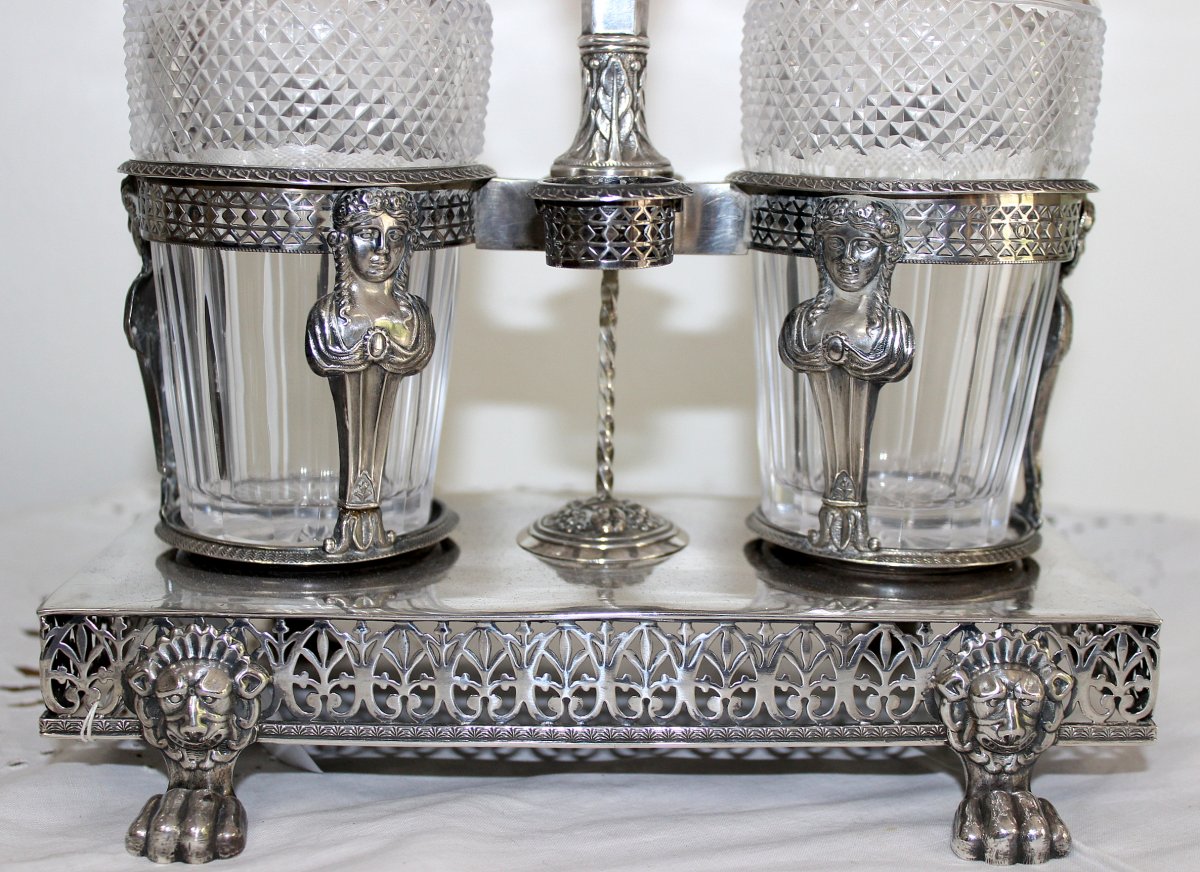 Empire Menage In Silver And Cut Glass For Oil And Vinegar, France Around 1800-photo-3