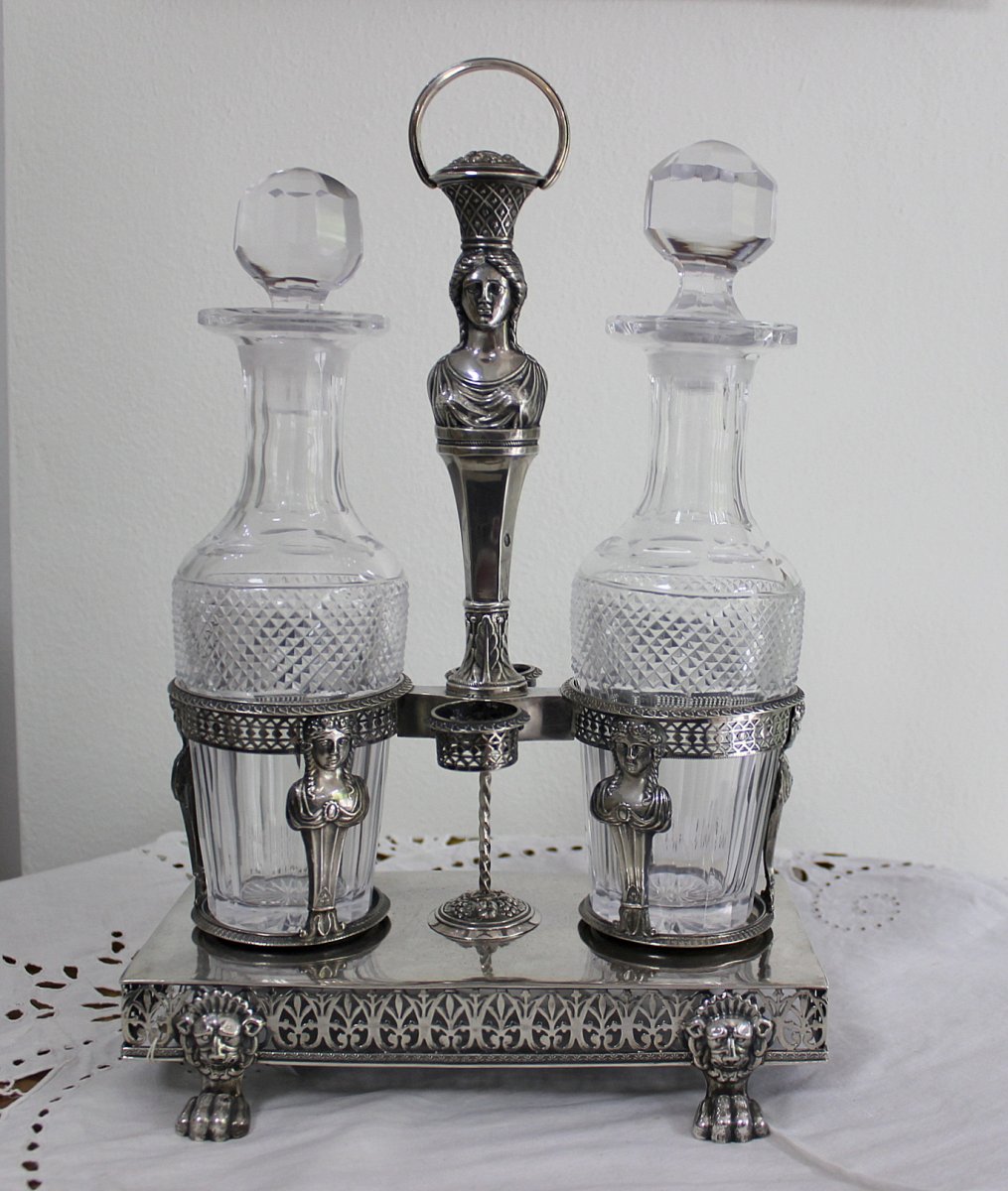 Empire Menage In Silver And Cut Glass For Oil And Vinegar, France Around 1800-photo-4