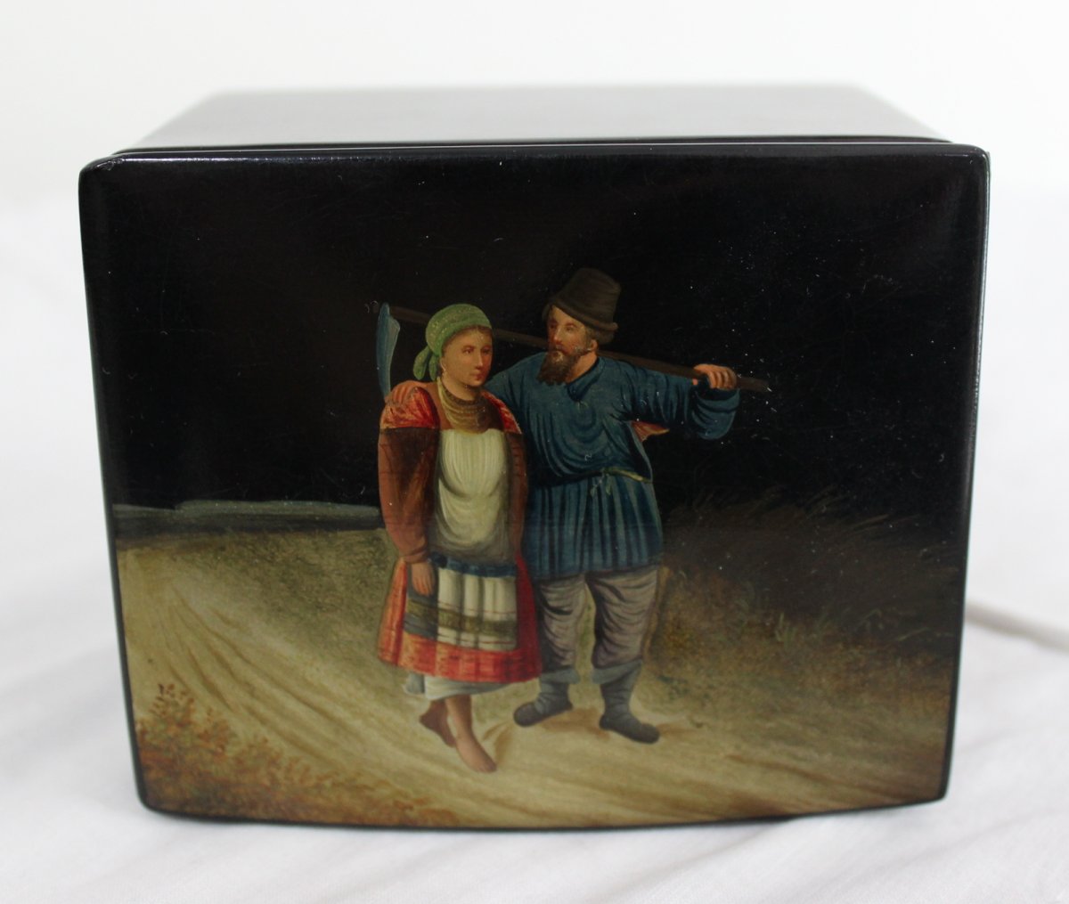 Russian Lacquered Box With Peasants Pattern