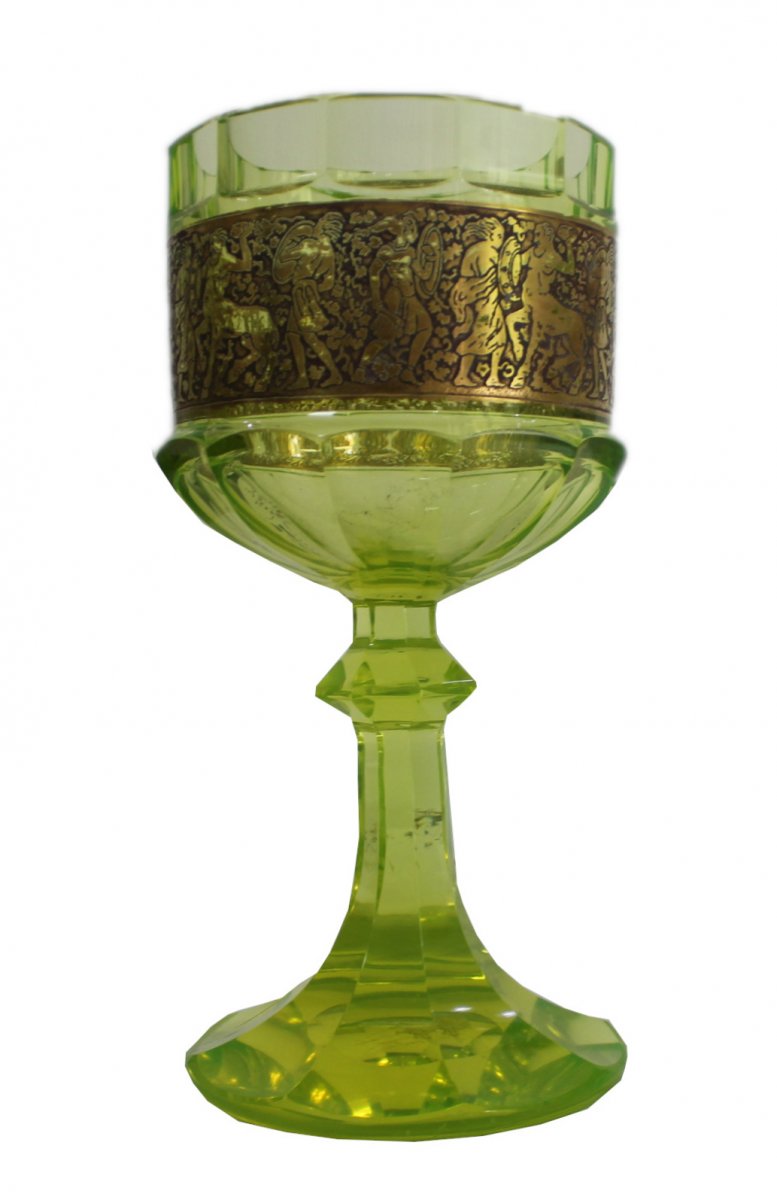 Moser Carlsbad Faceted Goblet In An Uranium Glass With An Oroplastic Frieze