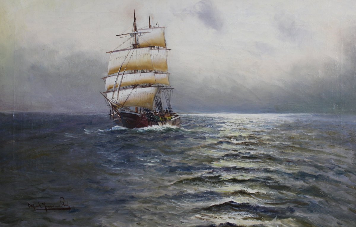 Alfred Jensen (1859-1935) Bateau Á Voile En Mer-photo-2