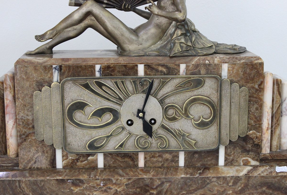 Art Deco Large French Mantel Clock With A Bronze Lady With A Fan Length 58cm-photo-3