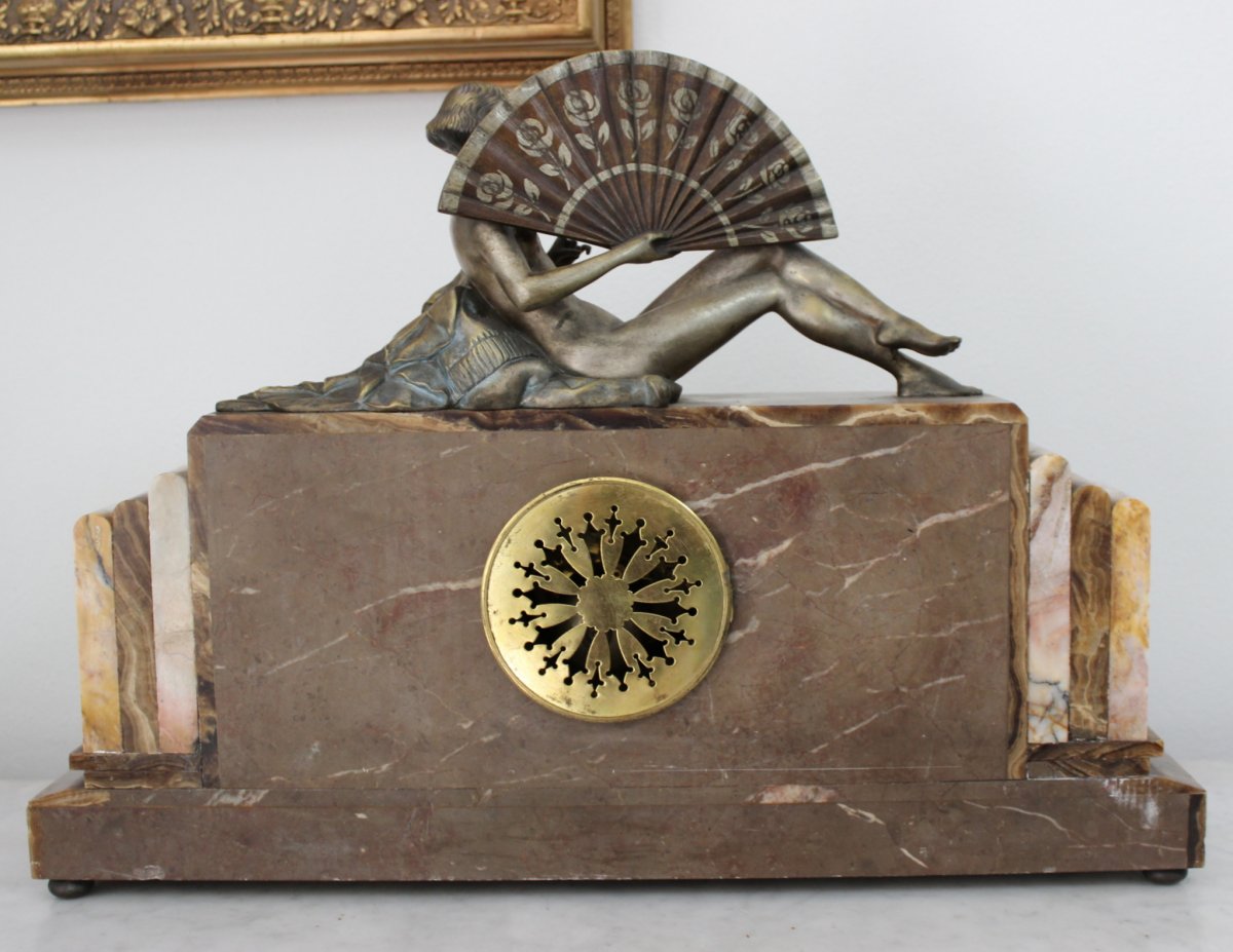Art Deco Large French Mantel Clock With A Bronze Lady With A Fan Length 58cm-photo-4
