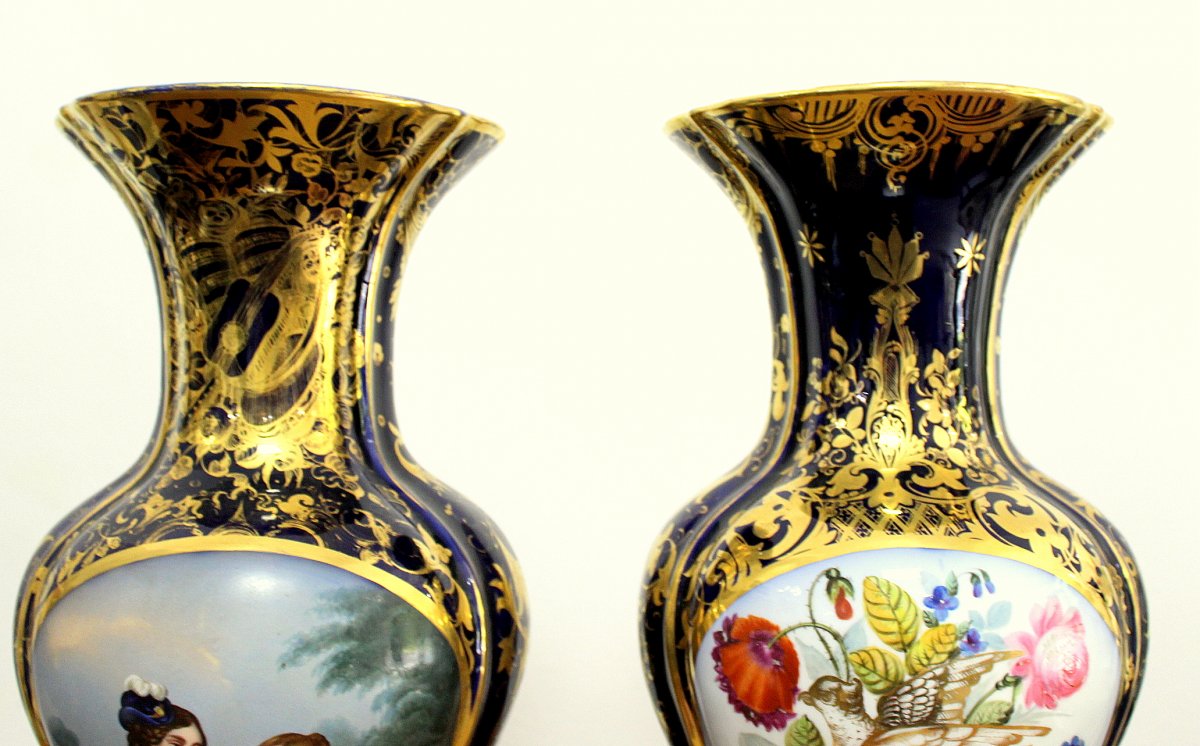 Pair Of Decorative Vases In Porcelain Painted France Early 20th Century Height: 48cm-photo-3
