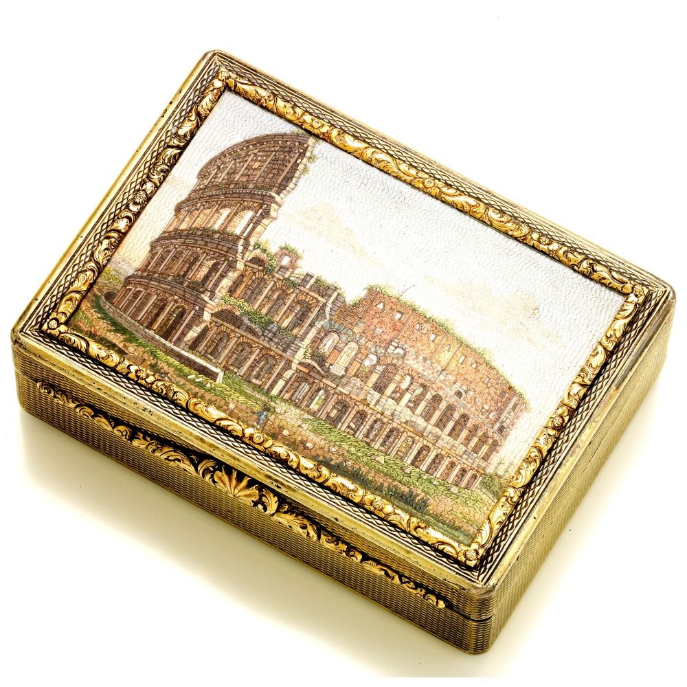 Tabatière En Micromosaïque 'the Colosseum' Par Domenico Moglia (1780-1862) Argent Doré Et Or-photo-4