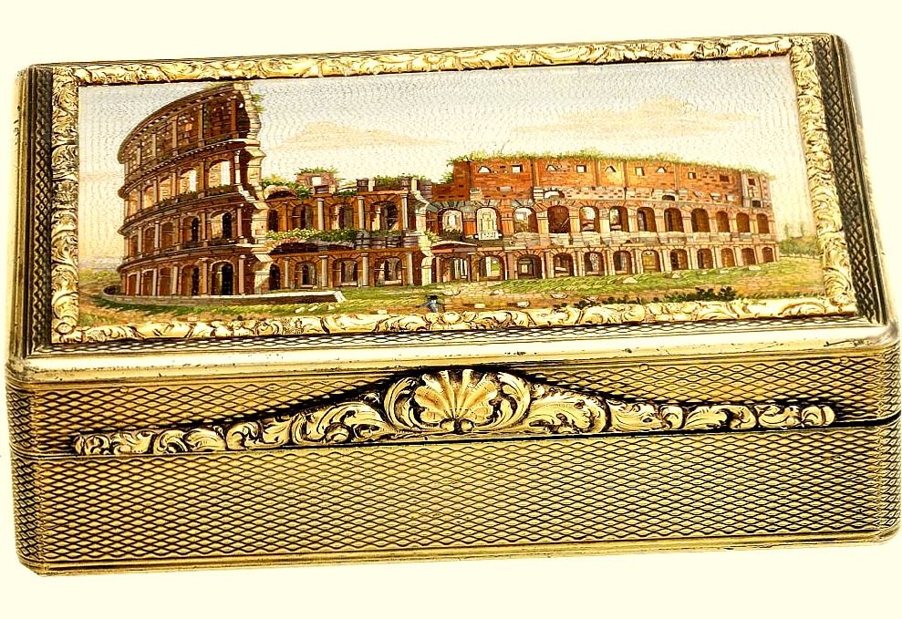 The  Micromosaic Snuffbox 'the Colosseum' By Domenico Moglia (1780-1862) Gilded Silverr And 18k Gold.