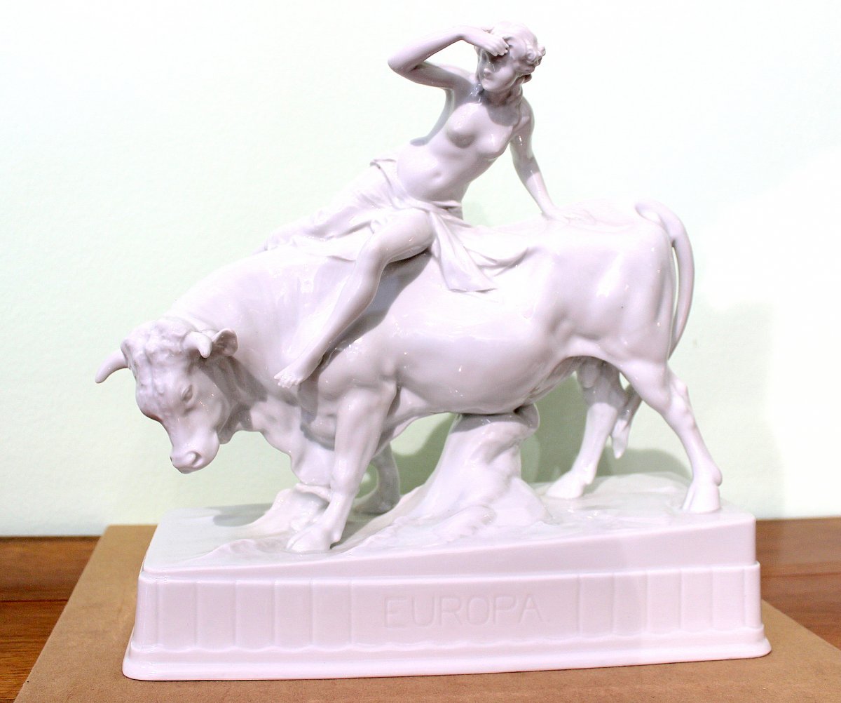 Fischer & Mieg Pirkenhamme Large White Porcelain "europe Sitting On A Bull"