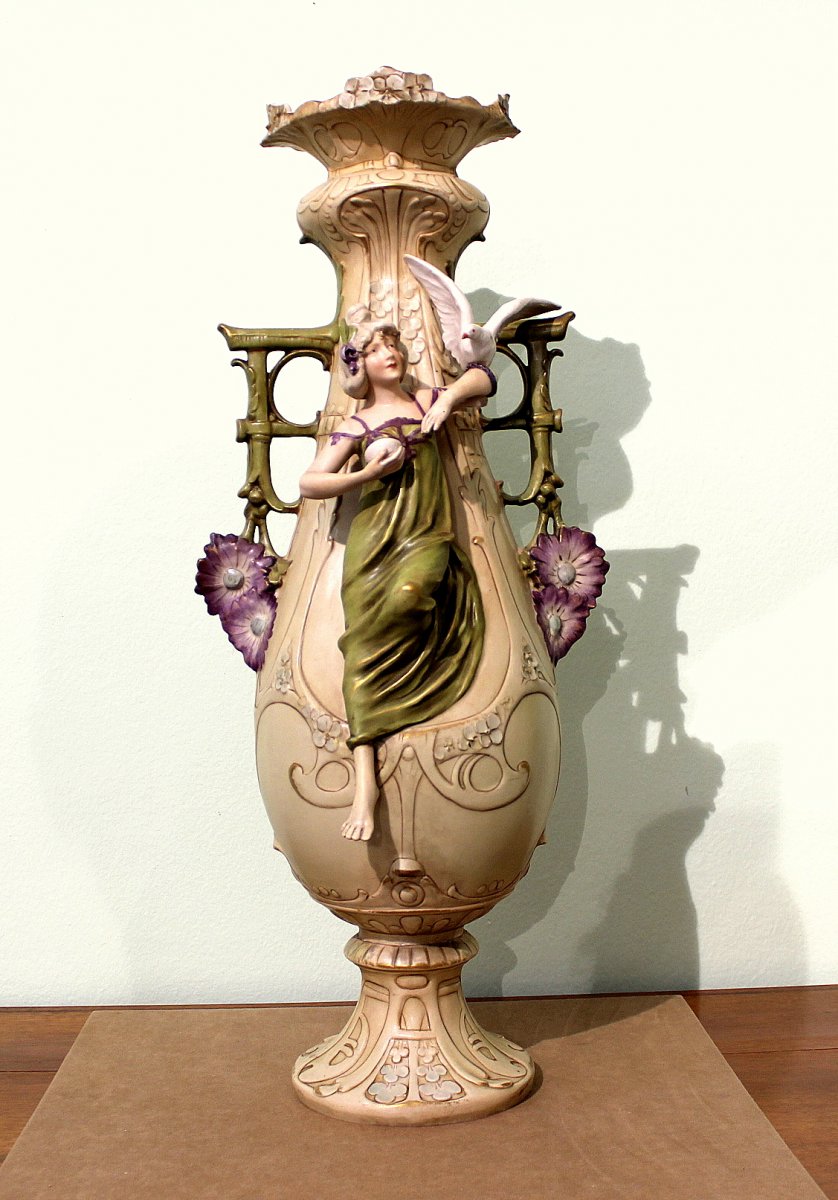 Royal Dux Eichler Large Art Nouveau Vase Marked By  Eichler Year 1900 Height 61 Cm