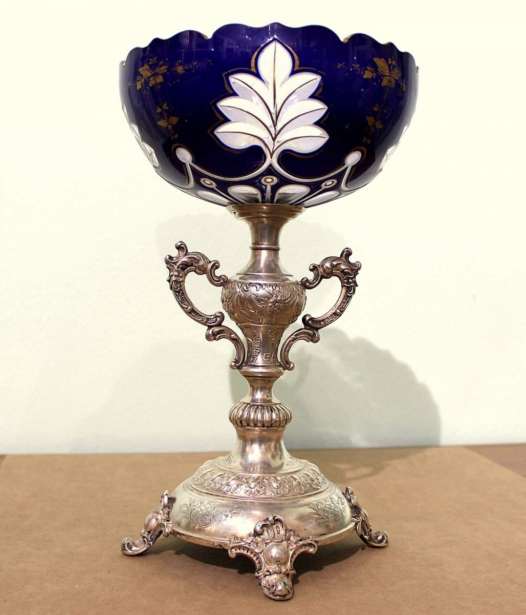 Silver Centerpiece With Laminated Glass Bowl, Marked With Diana Head Austria Late 19th Century