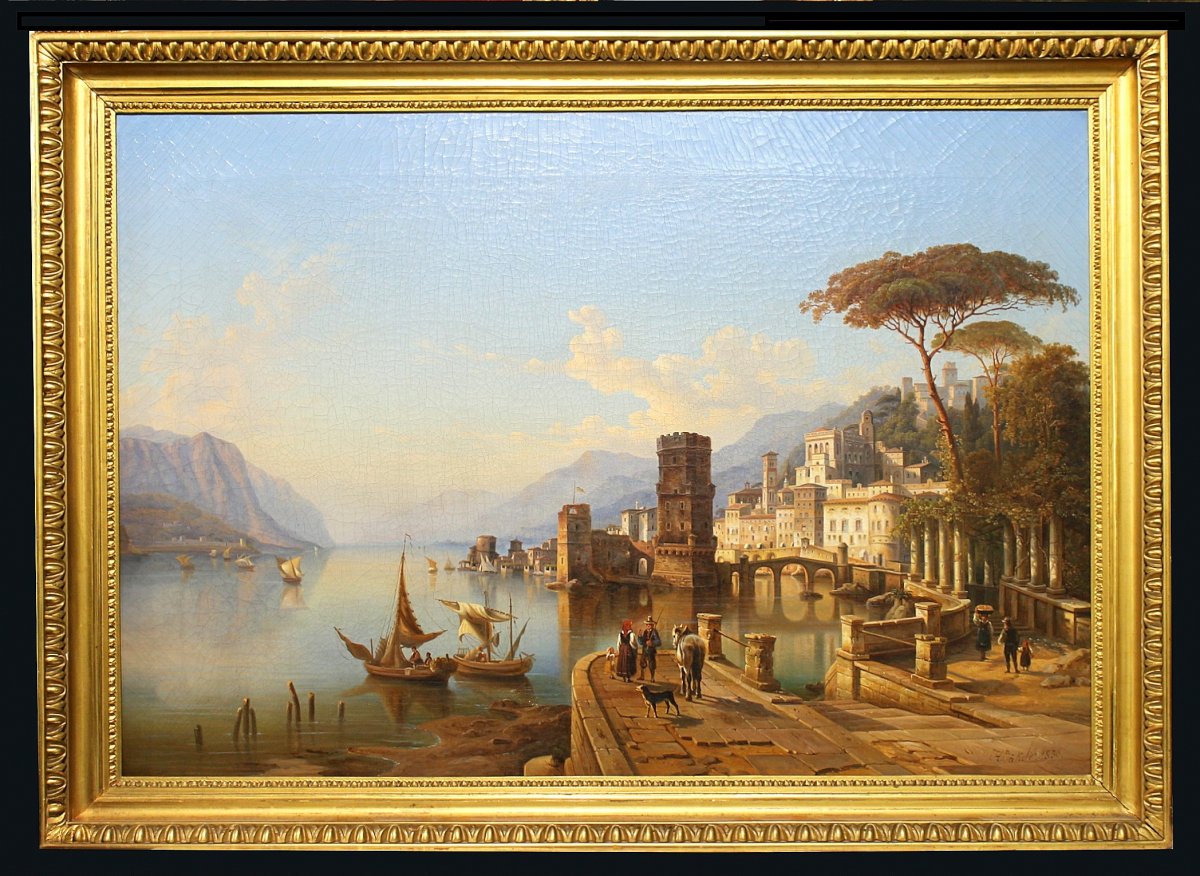 Heinrich Karl Jäckel( Jaeckel )(1842 - 1876) Peintre Allemand Lac De Côme (lago Di Como)