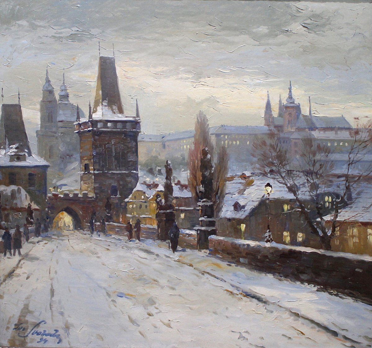 Czech Painter Josef Svoboda 1901 - 1945 "prague Winter Motif With The Bridge Tower"-photo-2