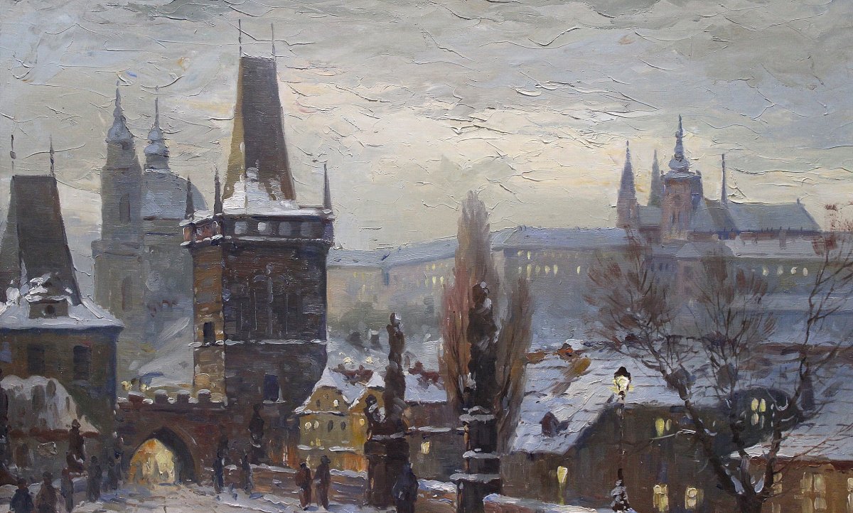 Czech Painter Josef Svoboda 1901 - 1945 "prague Winter Motif With The Bridge Tower"-photo-3