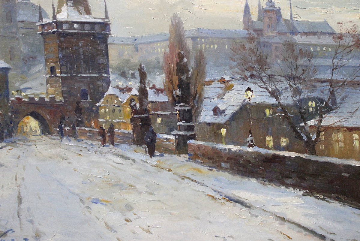 Czech Painter Josef Svoboda 1901 - 1945 "prague Winter Motif With The Bridge Tower"-photo-4