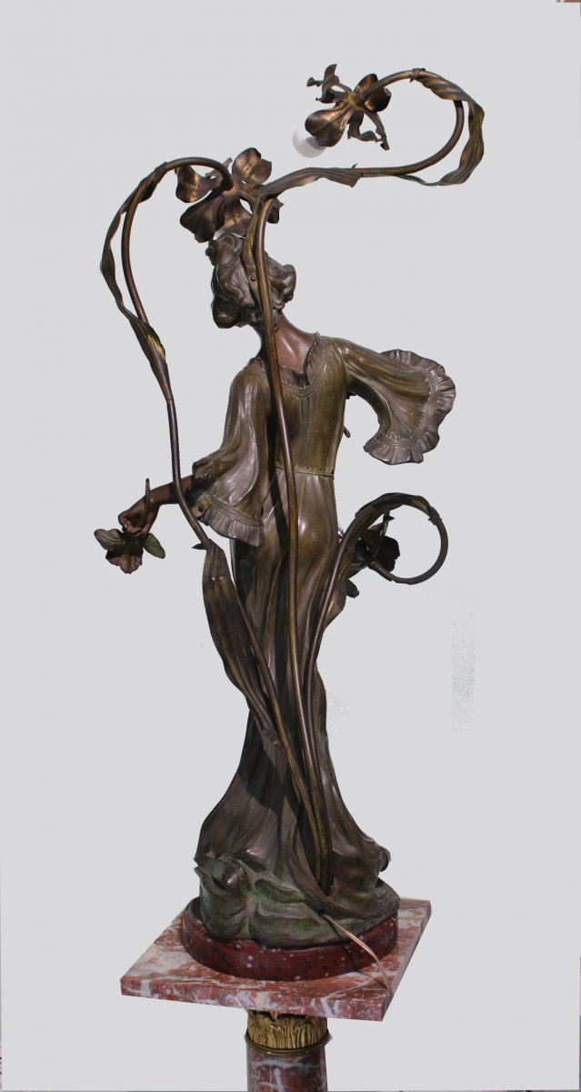 Large Art Nouveau Figural Bronze Lamp-photo-3