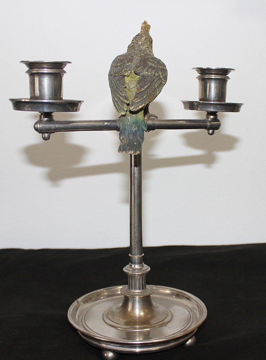 Viennese Bronze, Candlestick With Parrot-photo-4