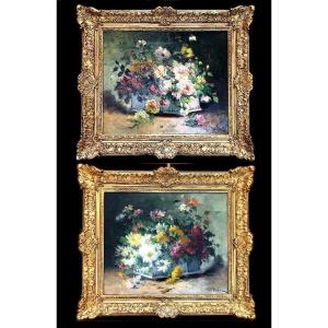 French Painter Eugène Henri Cauchois (1850-1911) 1x Pair Of Floral Still Lifes