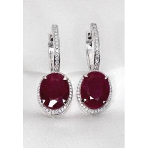 Earrings 14 Kt. White Gold 13.91 Ct Unheated Natural Ruby And 0.52ct Diamonds.