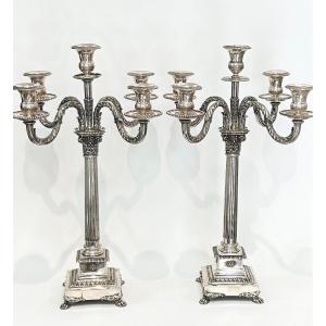 Large Pair Of Silver Candlesticks, With Five Flames - Second Empire,