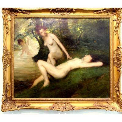 Jean Maxime Claude 1824-1904 Peinture à l'Huile Française de Baignade Nymphes Signée hauteur 105 cm.