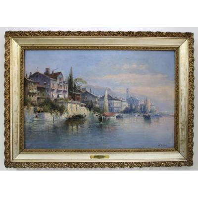 Karl Kaufmann (1843-1901 Idyllic Oil Painting Of Lake Garda