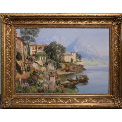 Alois Arnegger Autrichien, 1879–1967 Grande peinture à l'huile Vue de la campagne du lac de Côme restaurée professionnellement.