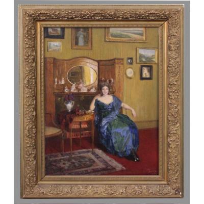 Adolf Reich 1887-1963 Peintre autrichien Lady In Salon Peinture Sur Panneau D'Acajou.