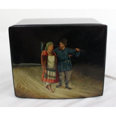Russian Lacquered Box With Peasants Pattern