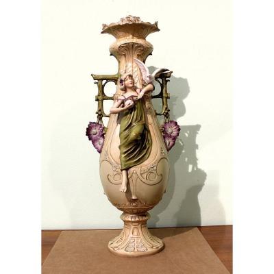 Royal Dux Eichler Large Art Nouveau Vase Marked By  Eichler Year 1900 Height 61 Cm