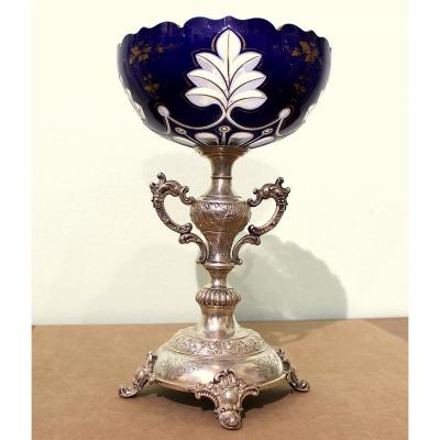 Silver Centerpiece With Laminated Glass Bowl, Marked With Diana Head Austria Late 19th Century