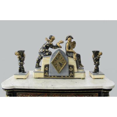 Large French Art Deco Bronze Clock  With  Harlequins And Two Electrolysed Candlesticks