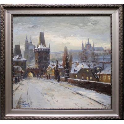 Peintre Tchèque Josef Svoboda 1901 - 1945" Motif d'hiver de Prague avec la tour du pont"