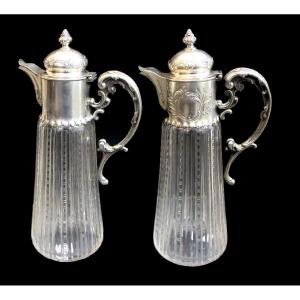 1 X Paire De Carafe En Argent Montée De Cristal De Roche