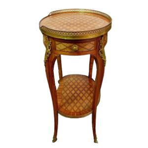 French Oval Salon Table In Checkerboard Veneer And Gilt Bronze