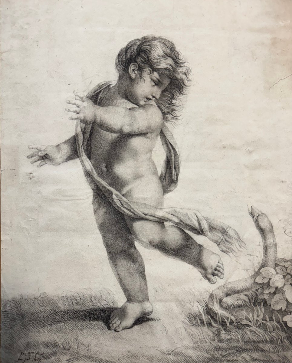 Amour poursuivi par un serpent daté 1807 école française - dessin-photo-3