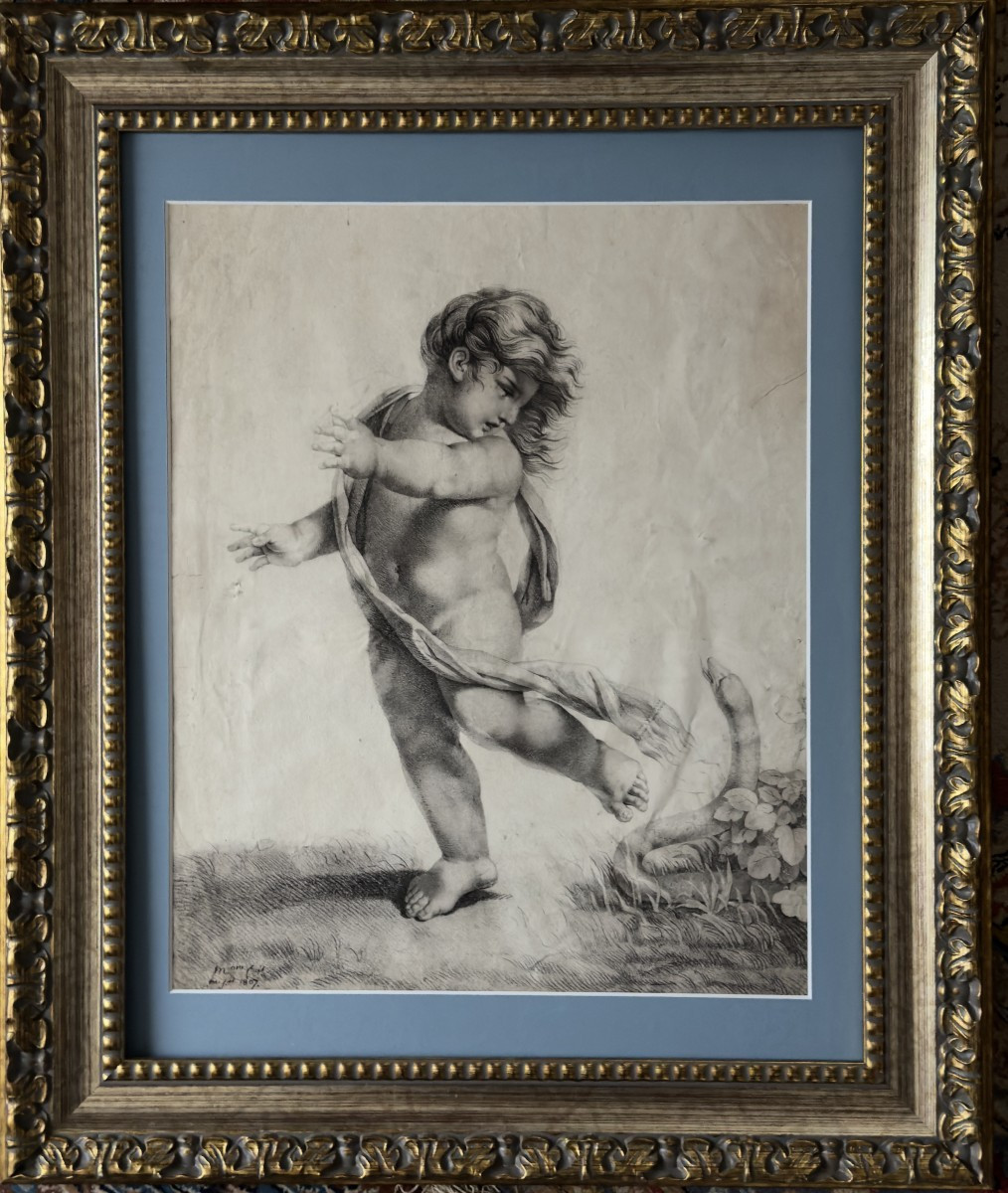 Amour poursuivi par un serpent daté 1807 école française - dessin