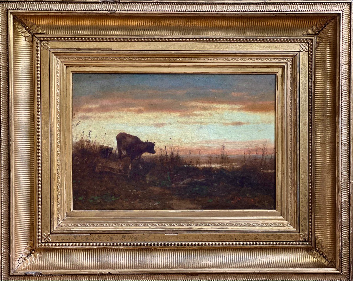 James Mac Dougal Hart (1828-1901), Vaches Au Coucher Du Soleil Dans Les Plaines Américaines