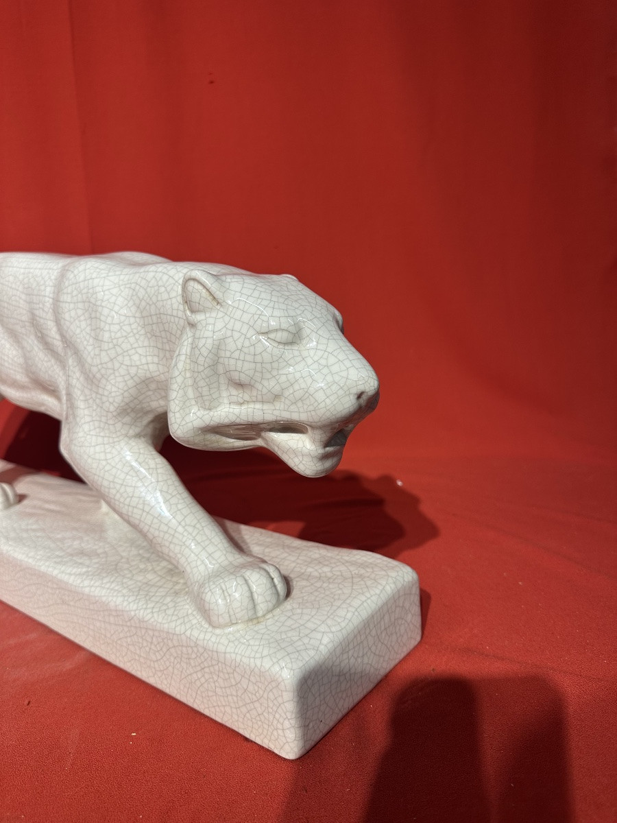 Art Deco Ceramic Panther Sculpture By Emaux De Louviere-photo-3