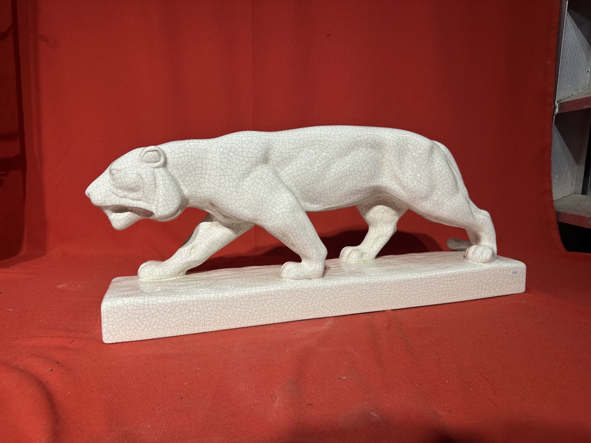 Art Deco Ceramic Panther Sculpture By Emaux De Louviere
