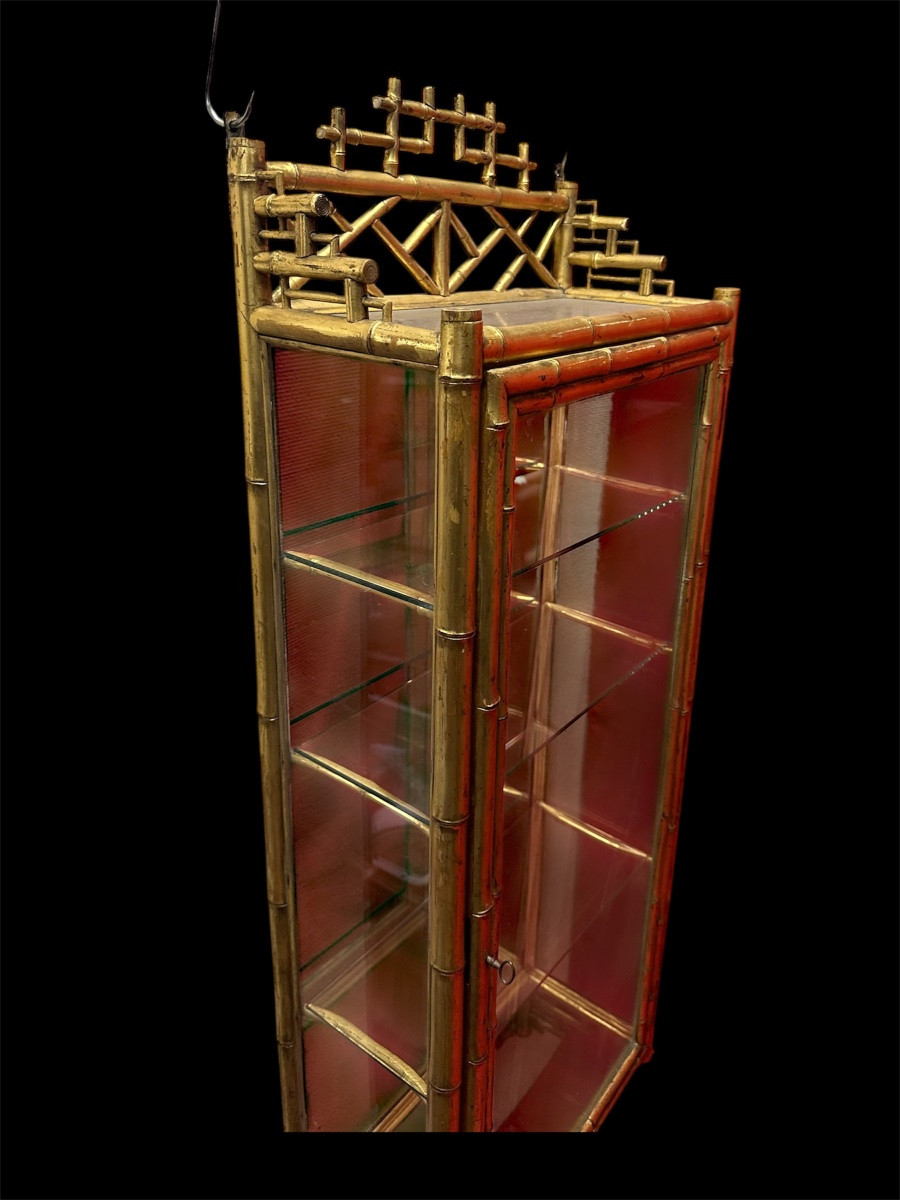 Chinoiserie Style Wall Display Cabinet In Golden Faux Bamboo-photo-3