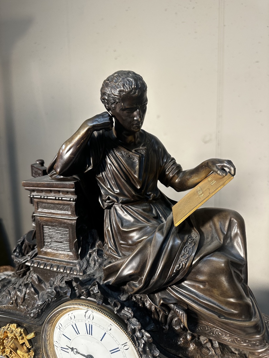 Napoleon III-style Clock Set, In Black Marble And Bronze-photo-3