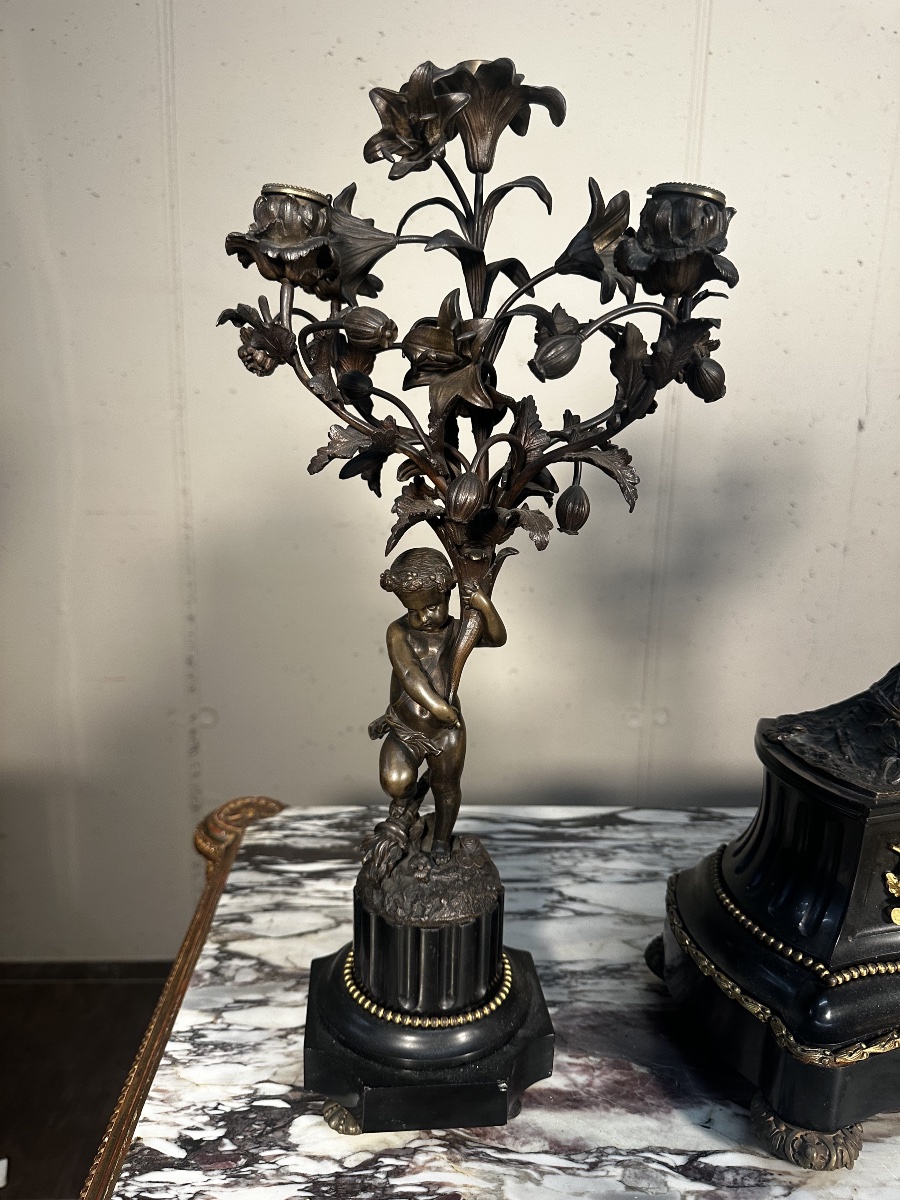 Napoleon III-style Clock Set, In Black Marble And Bronze-photo-3