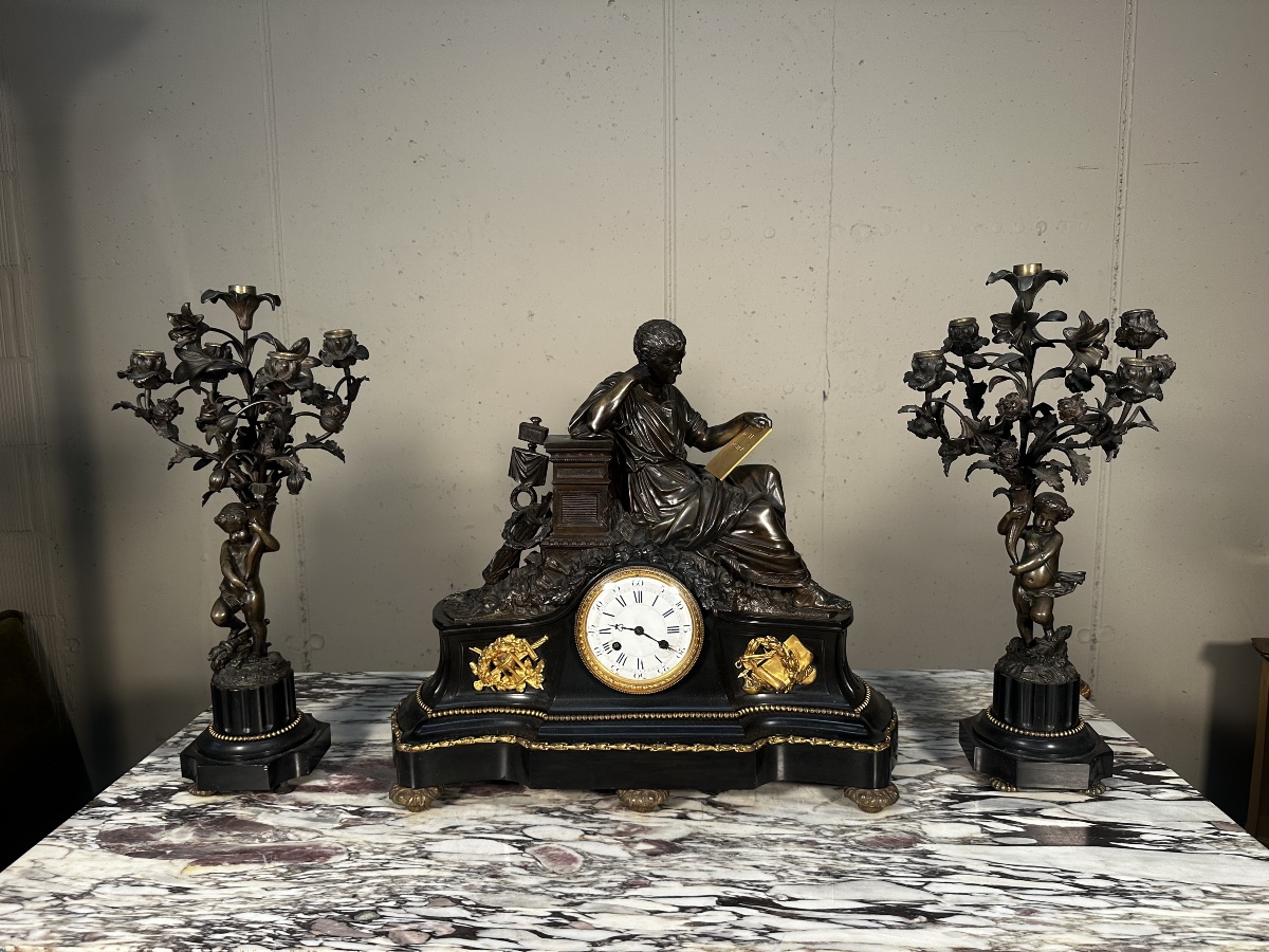 Napoleon III-style Clock Set, In Black Marble And Bronze