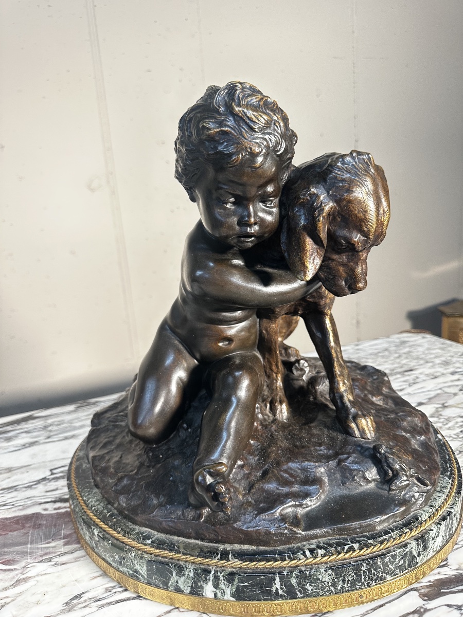 Child With A Small Dog And A Frog – Bronze Sculpture Signed J. D’aste-photo-2