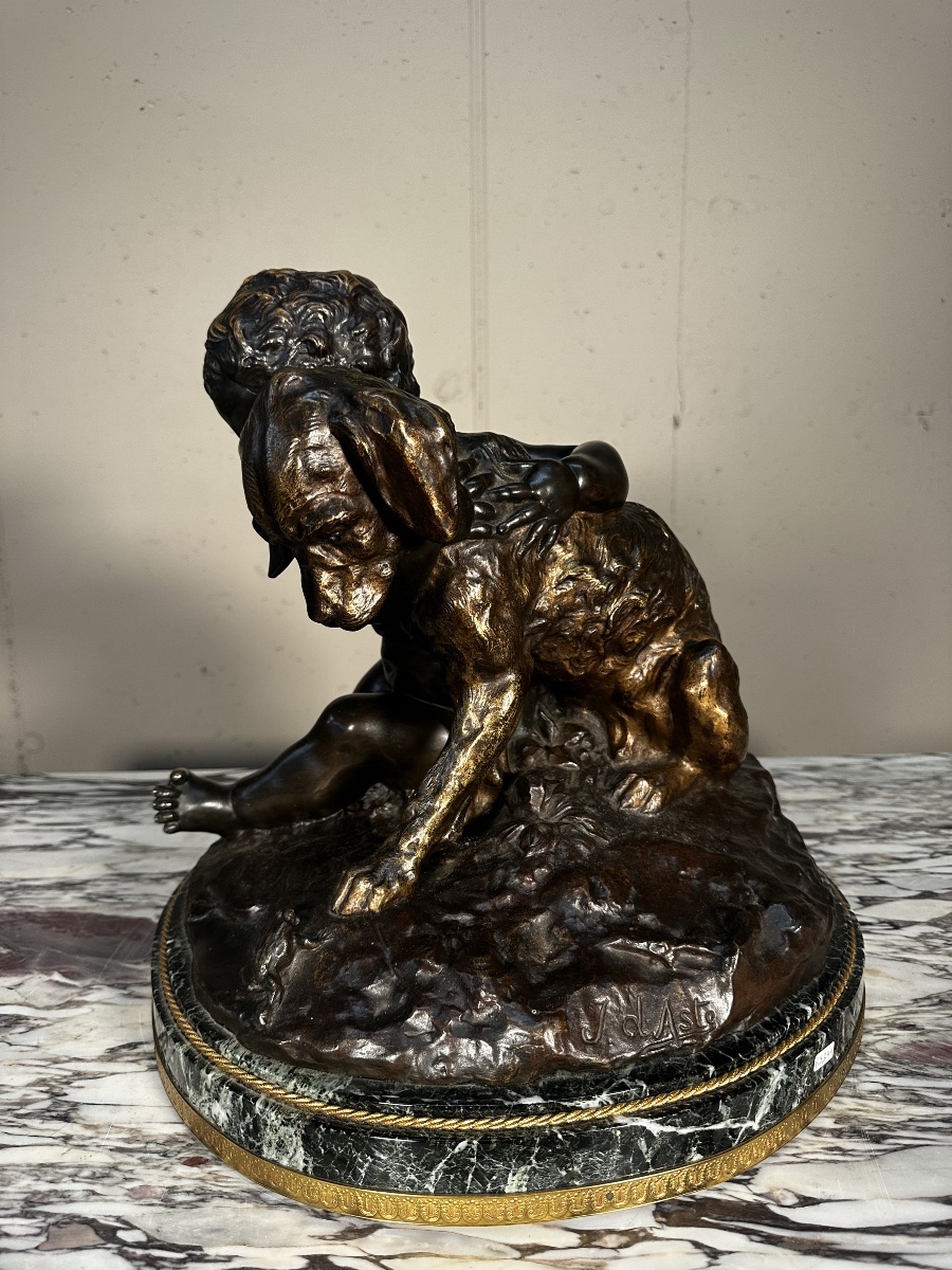 Child With A Small Dog And A Frog – Bronze Sculpture Signed J. D’aste-photo-3