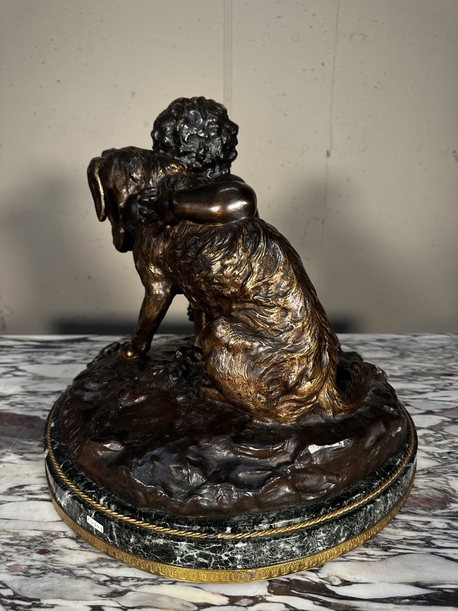 Child With A Small Dog And A Frog – Bronze Sculpture Signed J. D’aste-photo-1