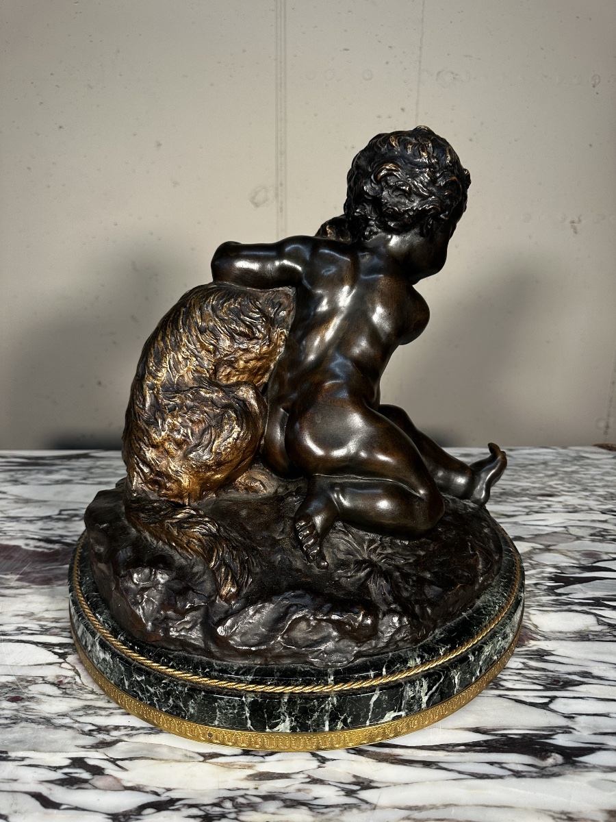 Child With A Small Dog And A Frog – Bronze Sculpture Signed J. D’aste-photo-2