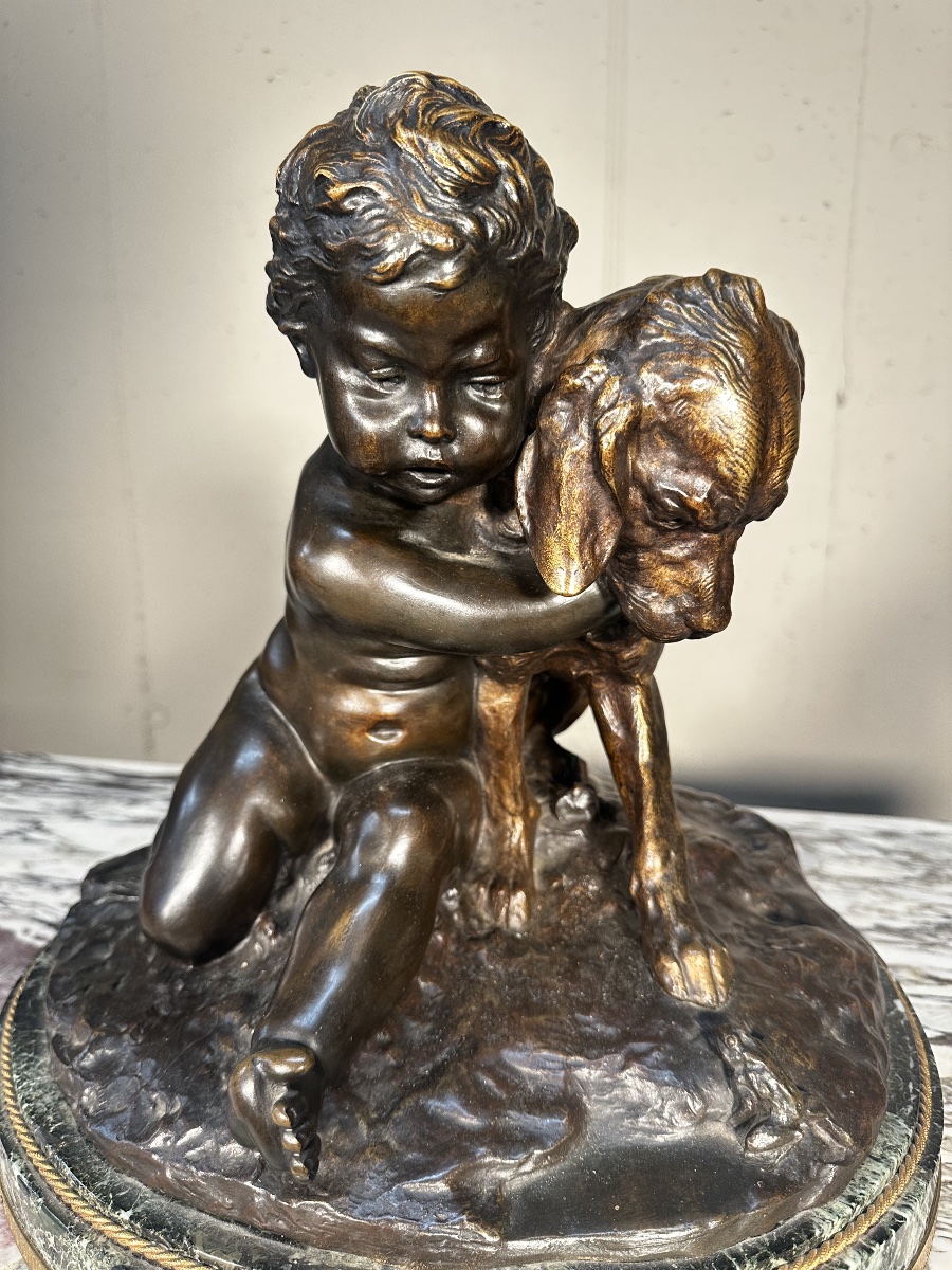 Child With A Small Dog And A Frog – Bronze Sculpture Signed J. D’aste-photo-4