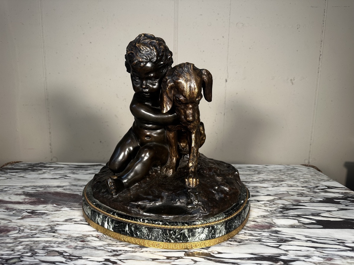 Child With A Small Dog And A Frog – Bronze Sculpture Signed J. D’aste