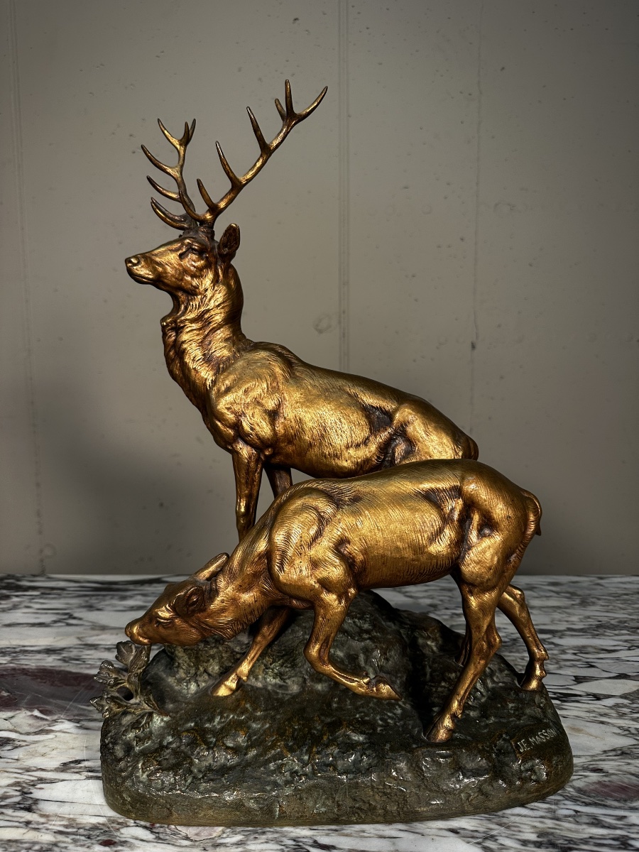 Sculpture en bronze – Cerfs élaphes – J.E. Masson & Société des Bronzes de Paris-photo-2