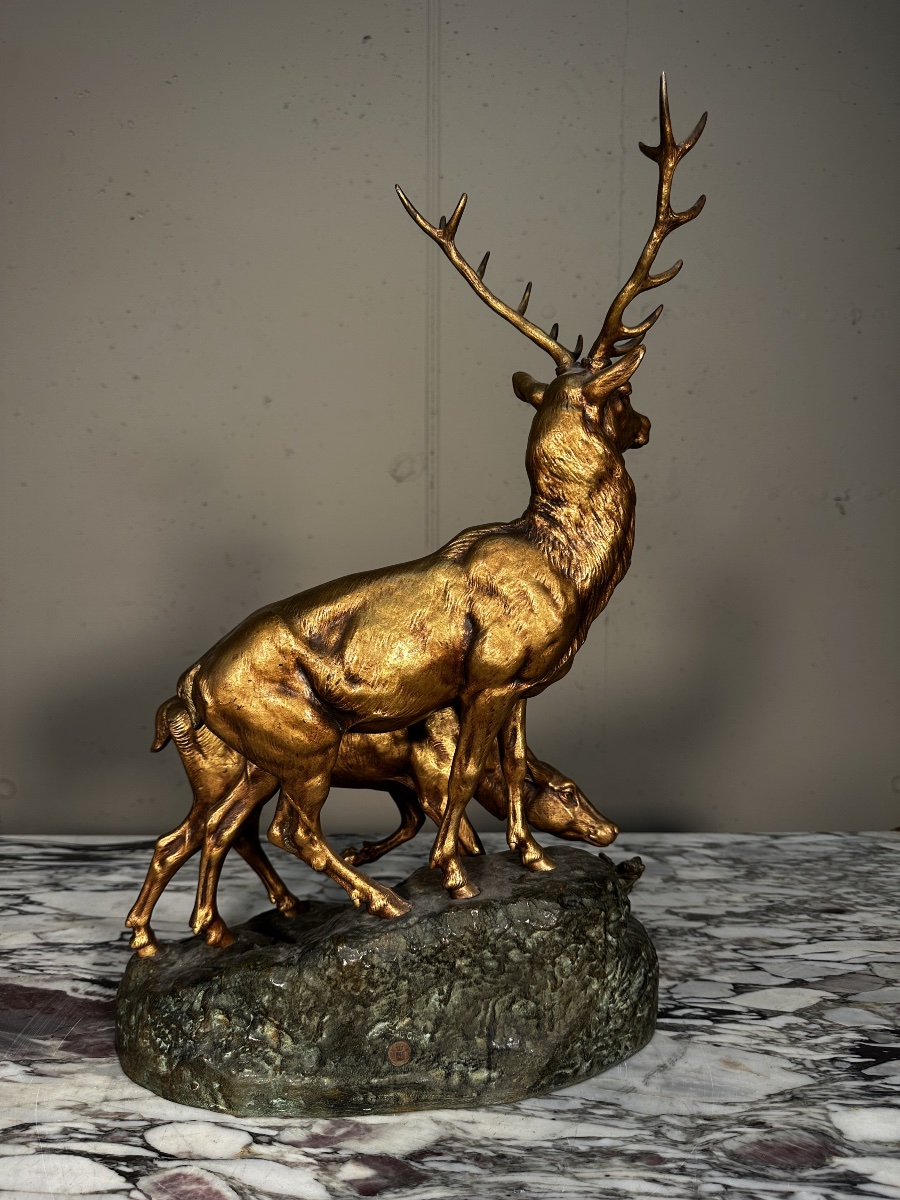 Sculpture en bronze – Cerfs élaphes – J.E. Masson & Société des Bronzes de Paris-photo-2